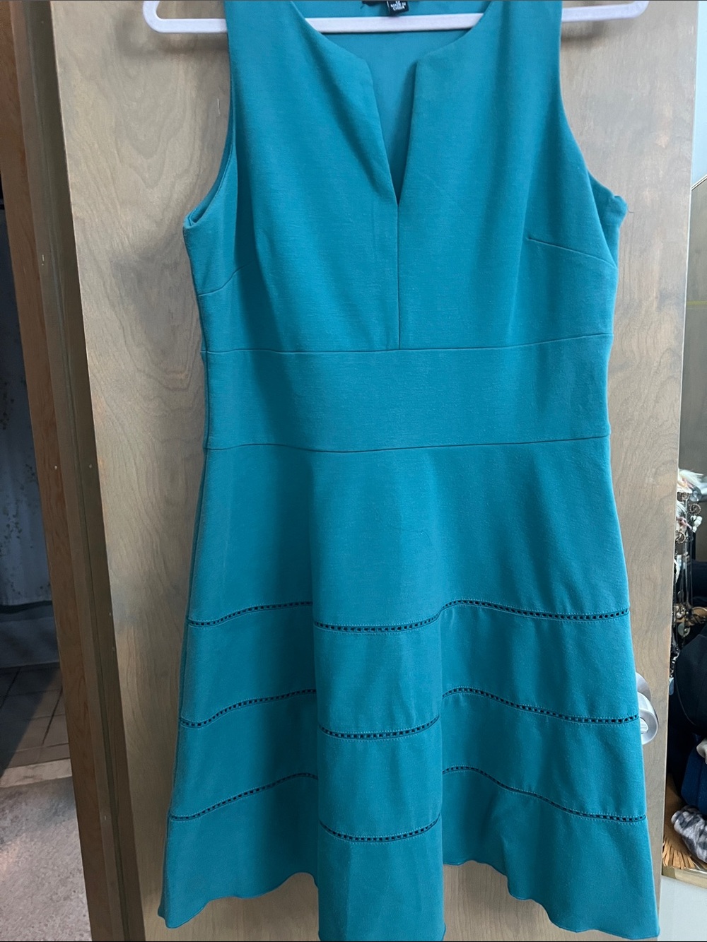 Sharagano Teal Midi Dress with V-Notch Neckline